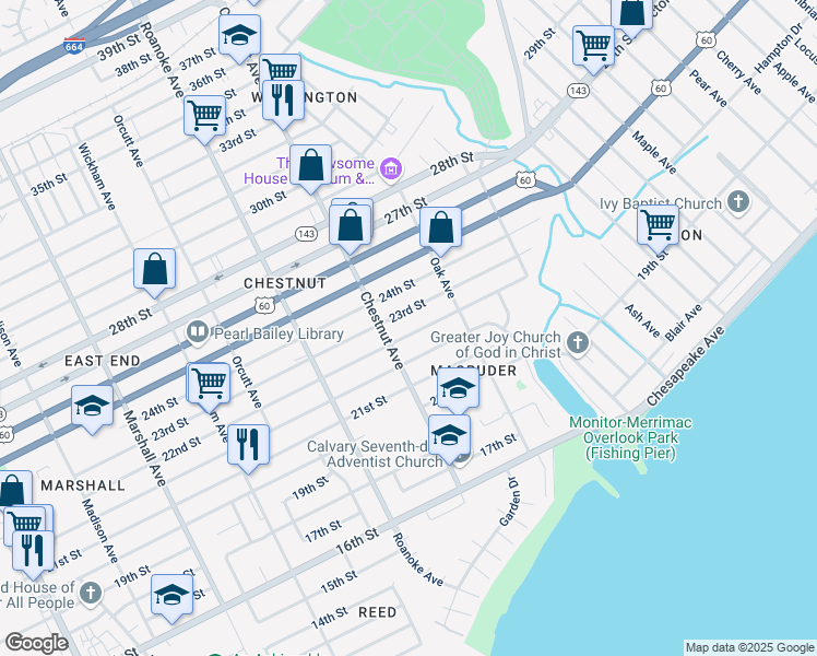 map of restaurants, bars, coffee shops, grocery stores, and more near 1222 22nd Street in Newport News