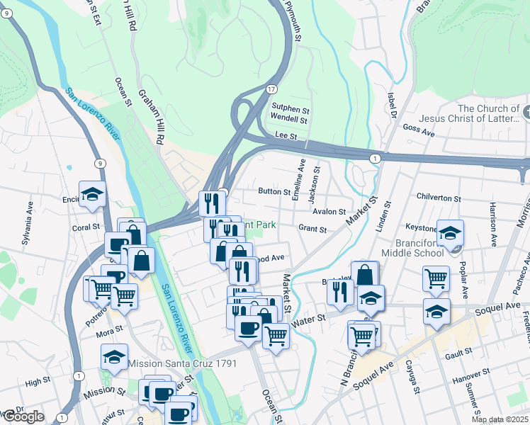 map of restaurants, bars, coffee shops, grocery stores, and more near 211 Grant Street in Santa Cruz
