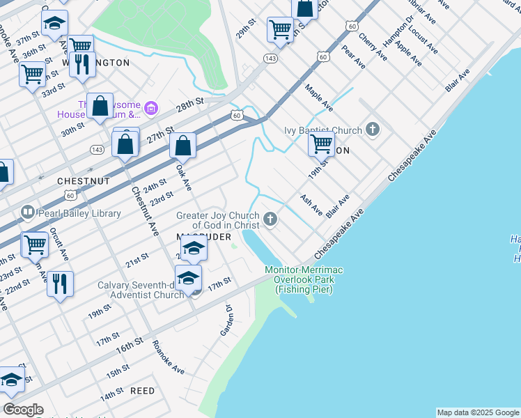 map of restaurants, bars, coffee shops, grocery stores, and more near 105 Mulberry Avenue in Newport News