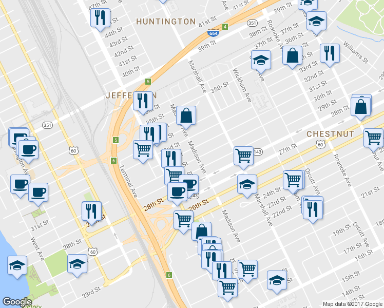 map of restaurants, bars, coffee shops, grocery stores, and more near 3009 Madison Avenue in Newport News
