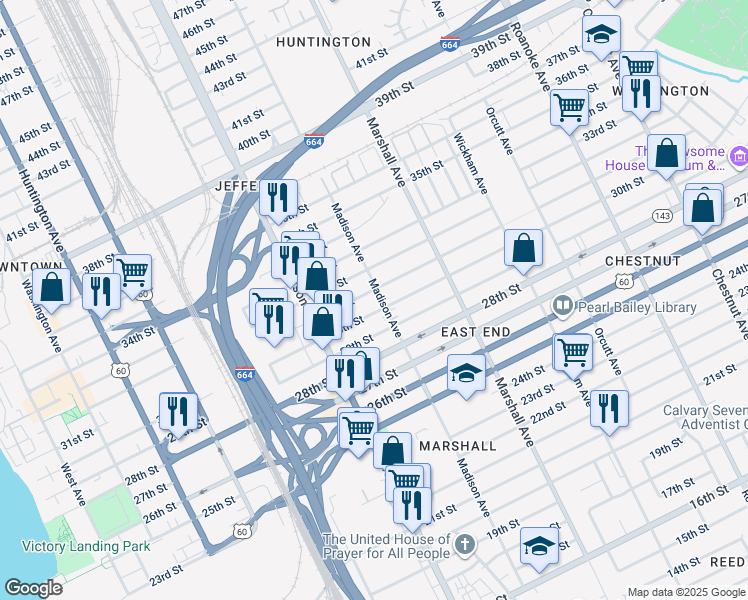 map of restaurants, bars, coffee shops, grocery stores, and more near 3009 Madison Avenue in Newport News