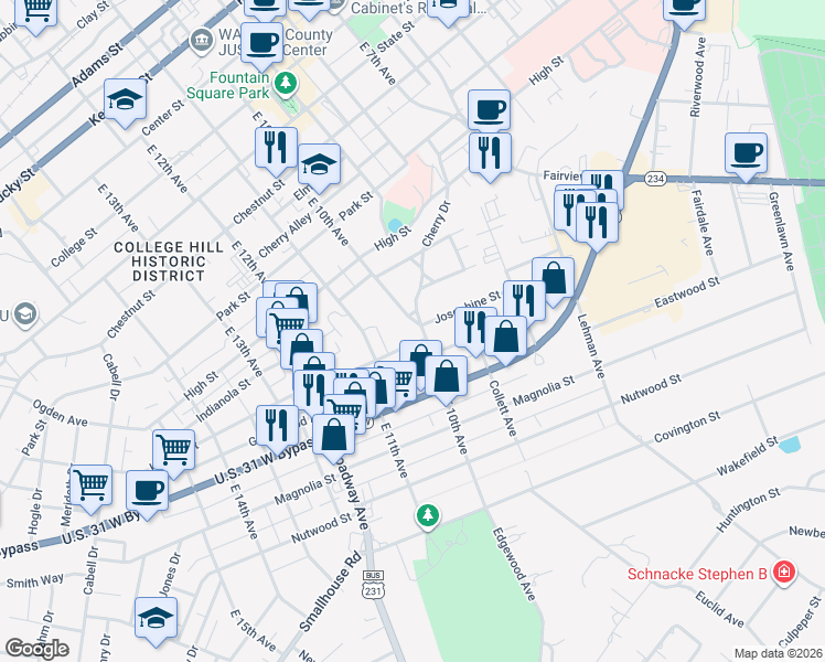 map of restaurants, bars, coffee shops, grocery stores, and more near 917 East 10th Avenue in Bowling Green