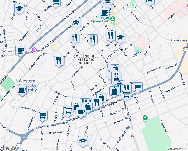 map of restaurants, bars, coffee shops, grocery stores, and more near 1320 Park Street in Bowling Green
