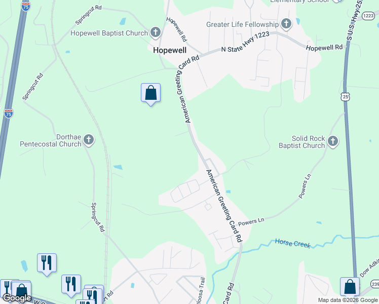 map of restaurants, bars, coffee shops, grocery stores, and more near 250-798 American Greeting Card Road in Corbin