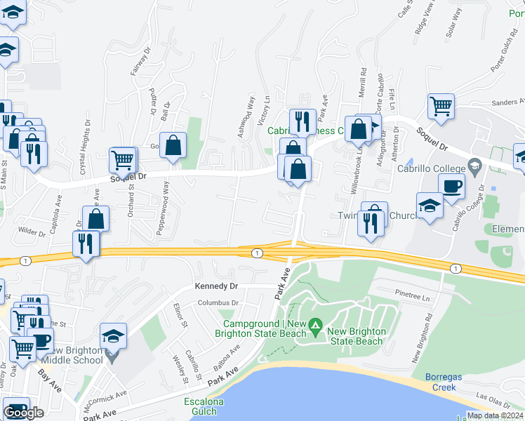 map of restaurants, bars, coffee shops, grocery stores, and more near 3 Karin Court in Soquel