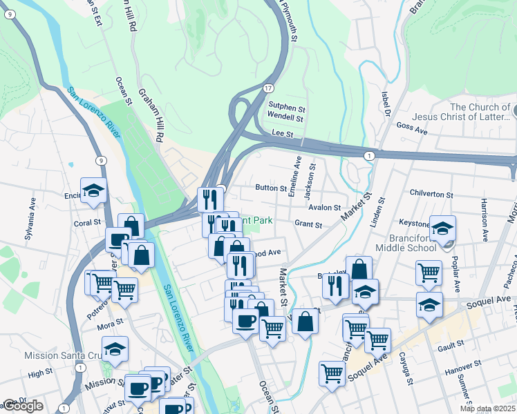 map of restaurants, bars, coffee shops, grocery stores, and more near 211 Grant Street in Santa Cruz