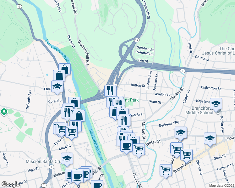 map of restaurants, bars, coffee shops, grocery stores, and more near 120 Grant Street in Santa Cruz
