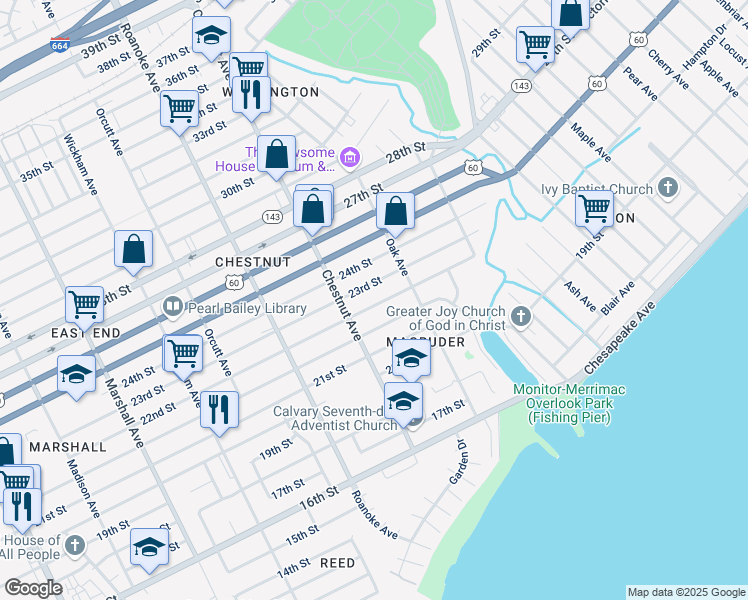 map of restaurants, bars, coffee shops, grocery stores, and more near 1222 22nd Street in Newport News