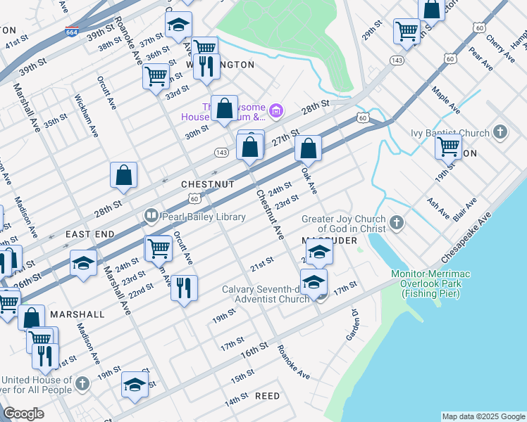 map of restaurants, bars, coffee shops, grocery stores, and more near 2205 Chestnut Avenue in Newport News
