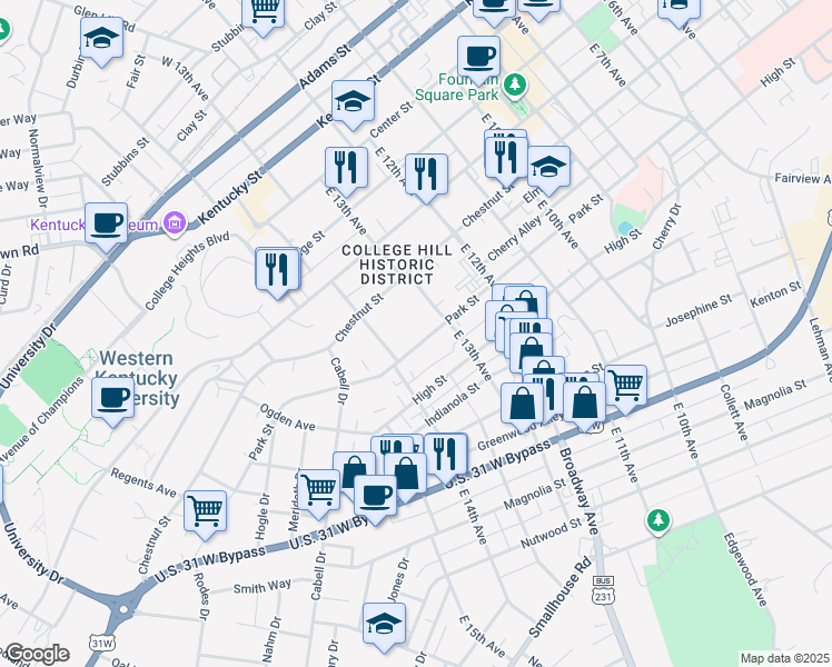 map of restaurants, bars, coffee shops, grocery stores, and more near 1344 Park Street in Bowling Green