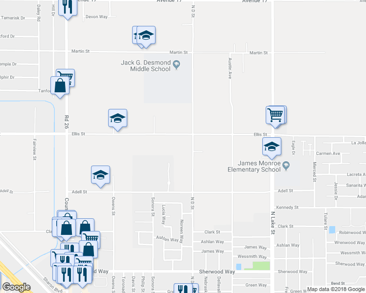 map of restaurants, bars, coffee shops, grocery stores, and more near 16348 North D Street in Madera