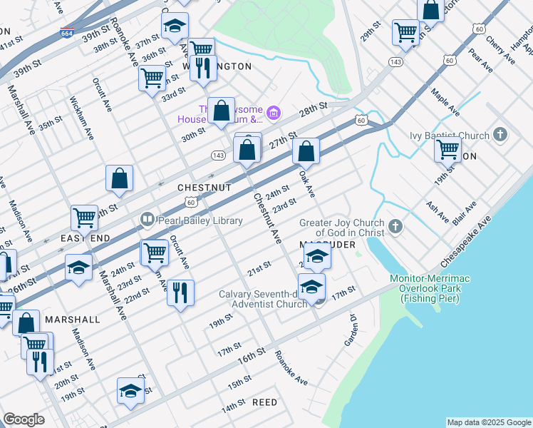 map of restaurants, bars, coffee shops, grocery stores, and more near Chestnut Ave & 23rd St in Newport News