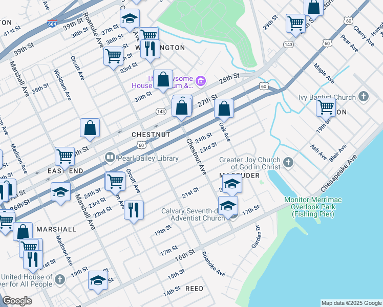 map of restaurants, bars, coffee shops, grocery stores, and more near 2205 Chestnut Avenue in Newport News