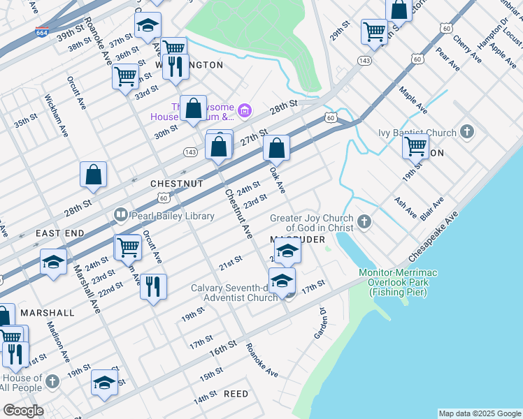 map of restaurants, bars, coffee shops, grocery stores, and more near 1222 22nd Street in Newport News