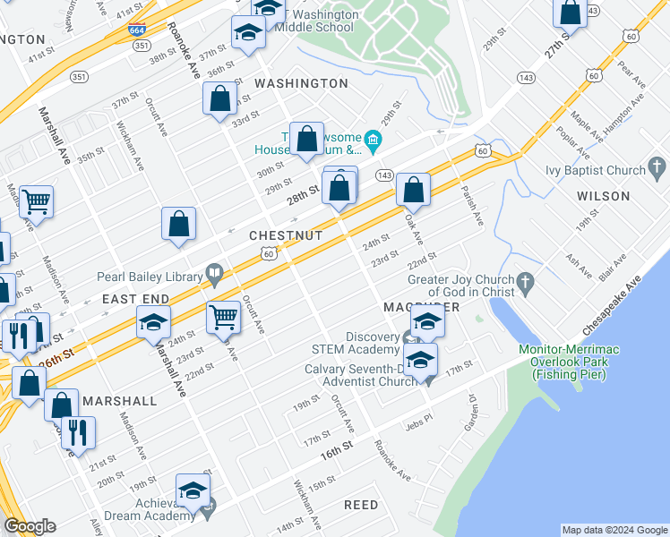 map of restaurants, bars, coffee shops, grocery stores, and more near 1138 24th Street in Newport News