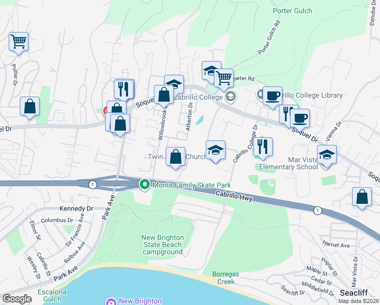 map of restaurants, bars, coffee shops, grocery stores, and more near 208 Rosemarie Court in Aptos