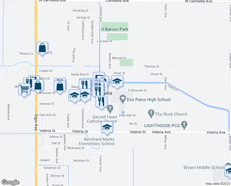 map of restaurants, bars, coffee shops, grocery stores, and more near 1701 East Blossom Street in Dos Palos