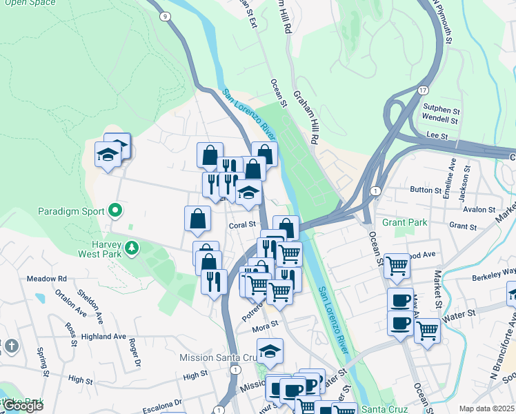 map of restaurants, bars, coffee shops, grocery stores, and more near 901 River Street in Santa Cruz