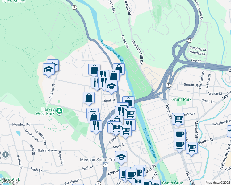 map of restaurants, bars, coffee shops, grocery stores, and more near 112 Coral Street in Santa Cruz