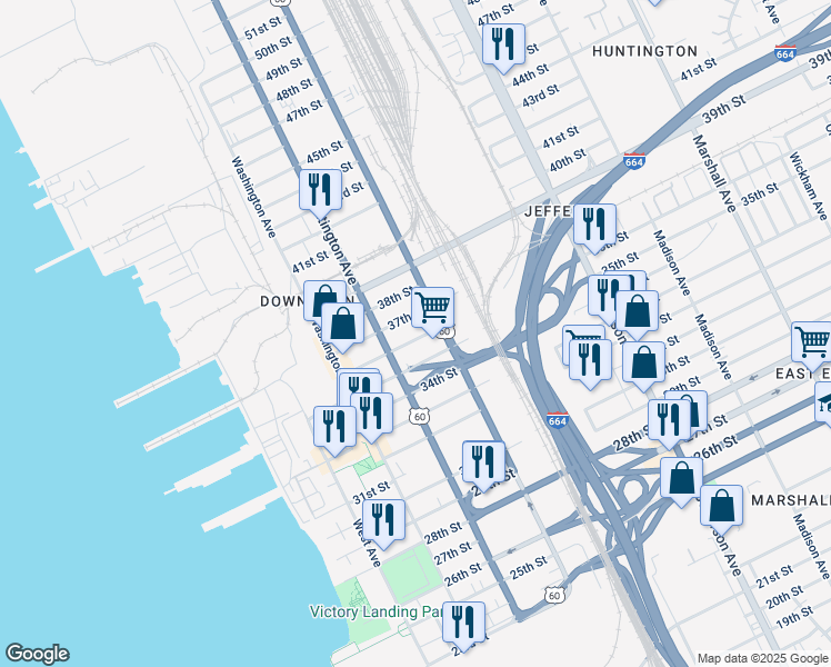 map of restaurants, bars, coffee shops, grocery stores, and more near 3512 Huntington Avenue in Newport News
