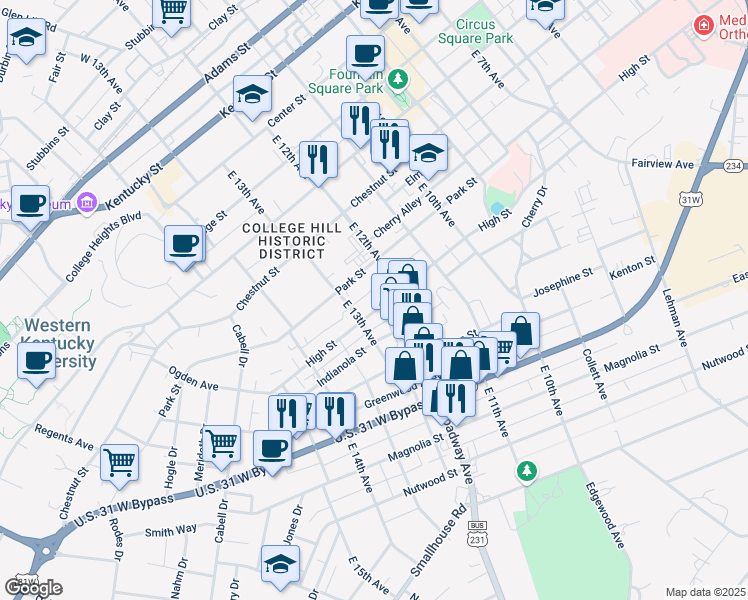 map of restaurants, bars, coffee shops, grocery stores, and more near 1224 High Street in Bowling Green