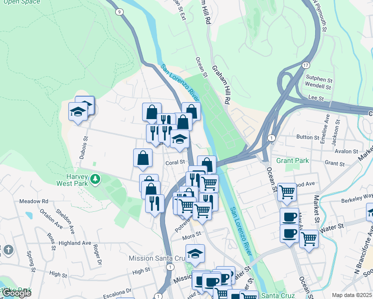map of restaurants, bars, coffee shops, grocery stores, and more near 112 Coral Street in Santa Cruz