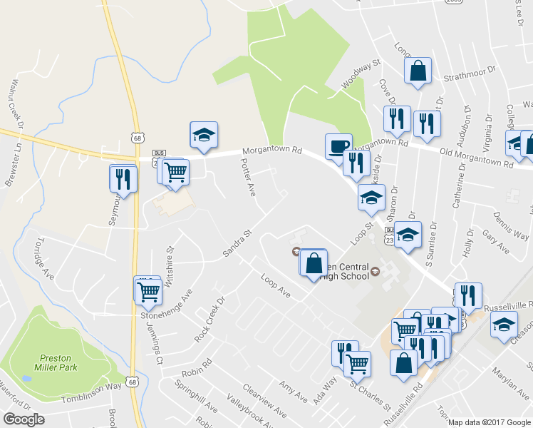 map of restaurants, bars, coffee shops, grocery stores, and more near 1902 Sandra Street in Bowling Green