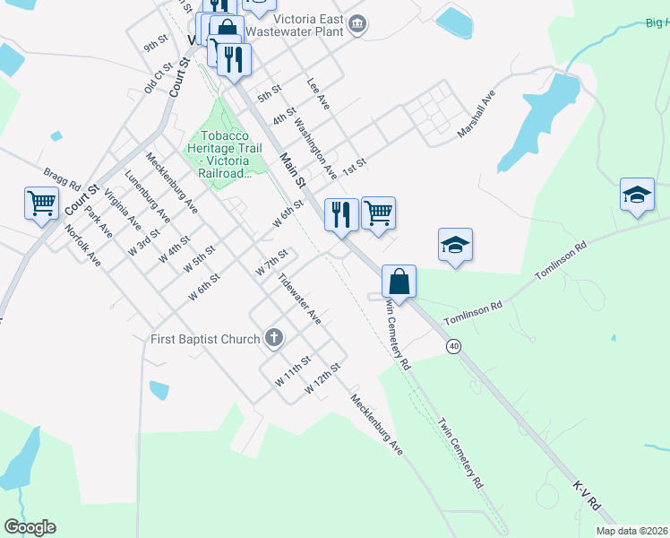 map of restaurants, bars, coffee shops, grocery stores, and more near Tobacco Heritage Trail in Victoria