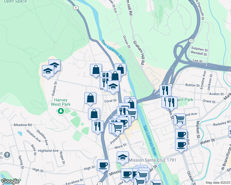 map of restaurants, bars, coffee shops, grocery stores, and more near 110 Fern Street in Santa Cruz