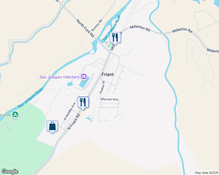 map of restaurants, bars, coffee shops, grocery stores, and more near 17305 Parkcliffe Lane in Friant