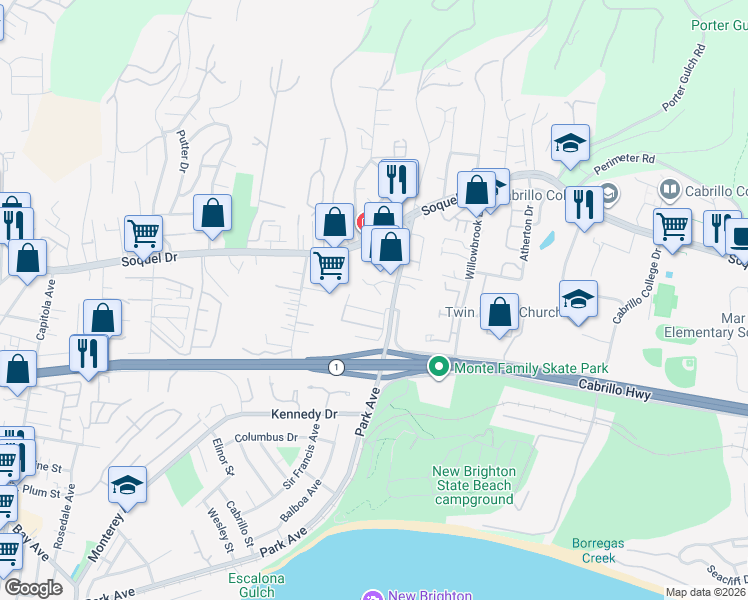 map of restaurants, bars, coffee shops, grocery stores, and more near 297 Alturas Way in Soquel