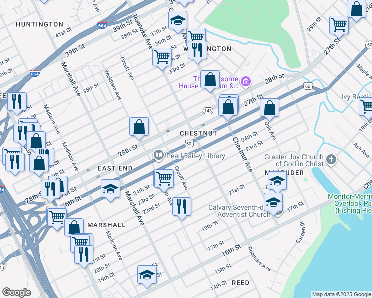 map of restaurants, bars, coffee shops, grocery stores, and more near 1030 25th Street in Newport News