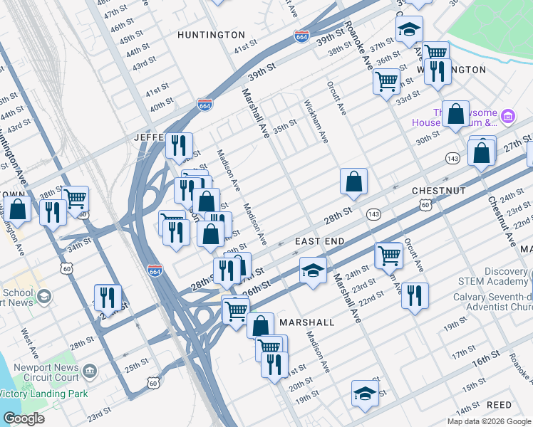 map of restaurants, bars, coffee shops, grocery stores, and more near 723 29th Street in Newport News