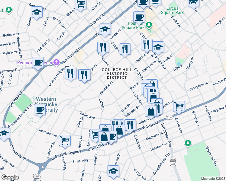 map of restaurants, bars, coffee shops, grocery stores, and more near 647 East 14th Avenue in Bowling Green