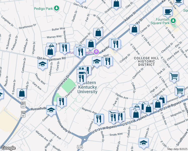 map of restaurants, bars, coffee shops, grocery stores, and more near 1575 Normal Street in Bowling Green