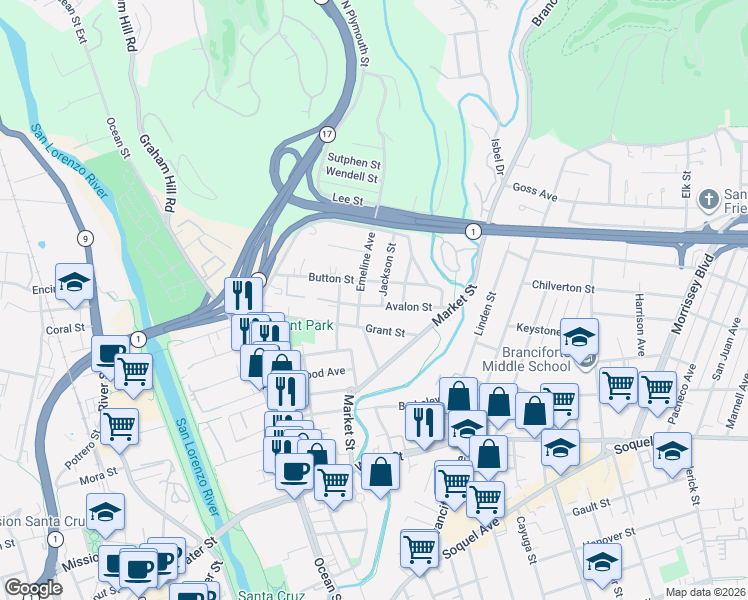 map of restaurants, bars, coffee shops, grocery stores, and more near 429 Grant Street in Santa Cruz