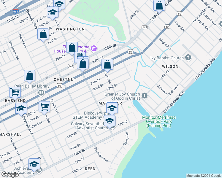 map of restaurants, bars, coffee shops, grocery stores, and more near 2129 Oak Avenue in Newport News