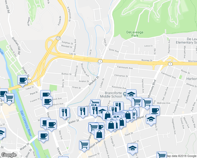 map of restaurants, bars, coffee shops, grocery stores, and more near 514 Market Street in Santa Cruz