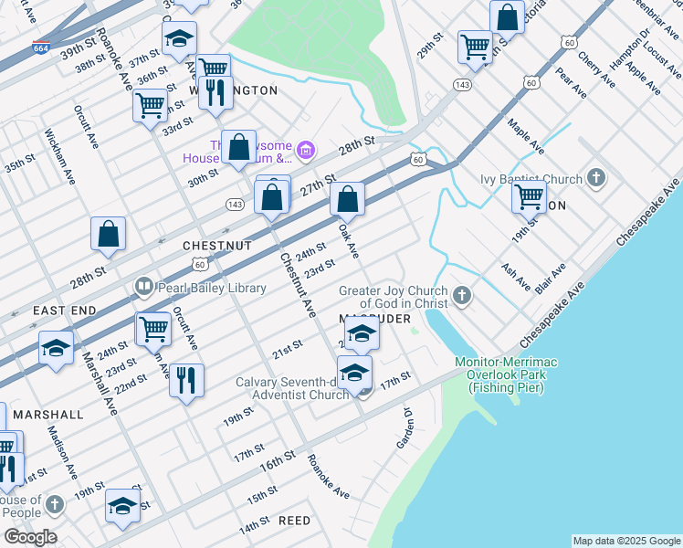 map of restaurants, bars, coffee shops, grocery stores, and more near 1245 22nd Street in Newport News