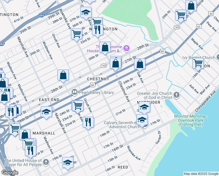 map of restaurants, bars, coffee shops, grocery stores, and more near 1129 24th Street in Newport News
