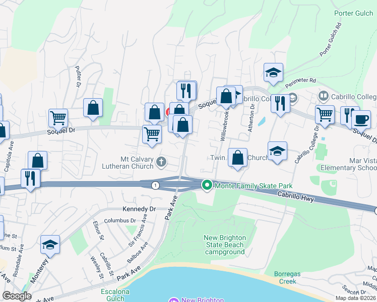 map of restaurants, bars, coffee shops, grocery stores, and more near 111 Alturas Way in Soquel