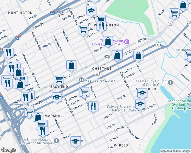 map of restaurants, bars, coffee shops, grocery stores, and more near 1030 25th Street in Newport News
