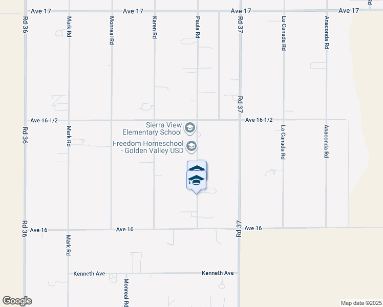 map of restaurants, bars, coffee shops, grocery stores, and more near 16362 Paula Road in Madera