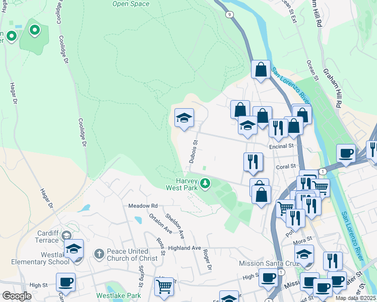 map of restaurants, bars, coffee shops, grocery stores, and more near 125 Dubois Street in Santa Cruz