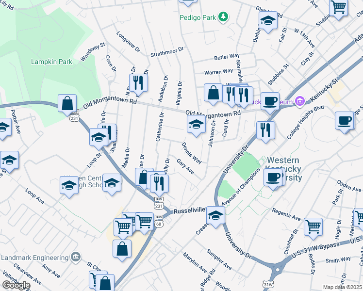 map of restaurants, bars, coffee shops, grocery stores, and more near 521 Dennis Way in Bowling Green