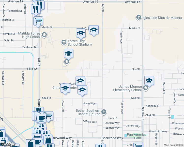map of restaurants, bars, coffee shops, grocery stores, and more near 26507 Ellis Street in Madera