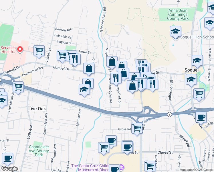 map of restaurants, bars, coffee shops, grocery stores, and more near 2827 South Rodeo Gulch Road in Soquel