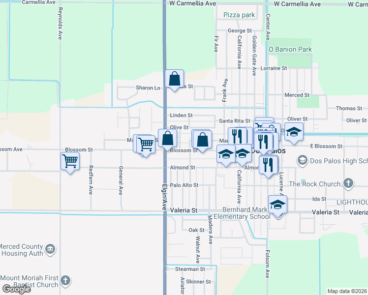 map of restaurants, bars, coffee shops, grocery stores, and more near 1357 Elgin Avenue in Dos Palos