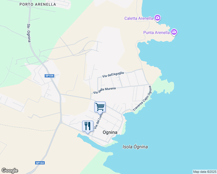 map of restaurants, bars, coffee shops, grocery stores, and more near 15 Via della Murena in Ognina