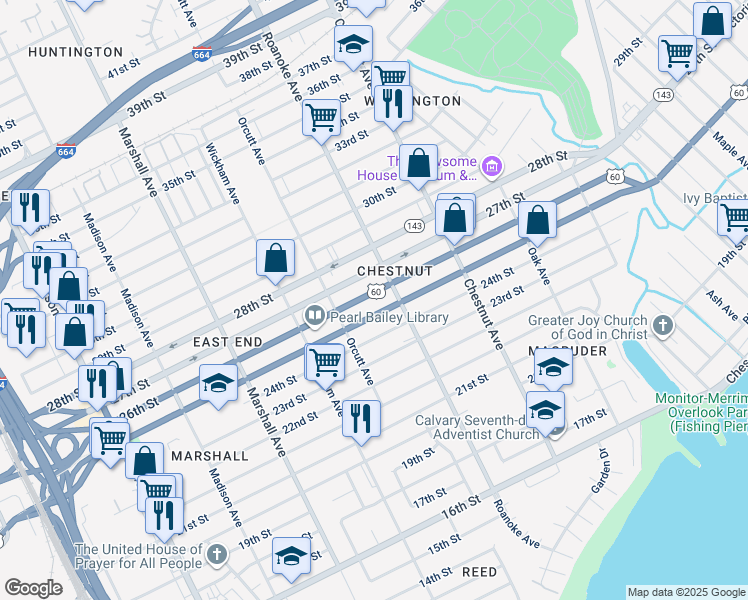 map of restaurants, bars, coffee shops, grocery stores, and more near in Newport News